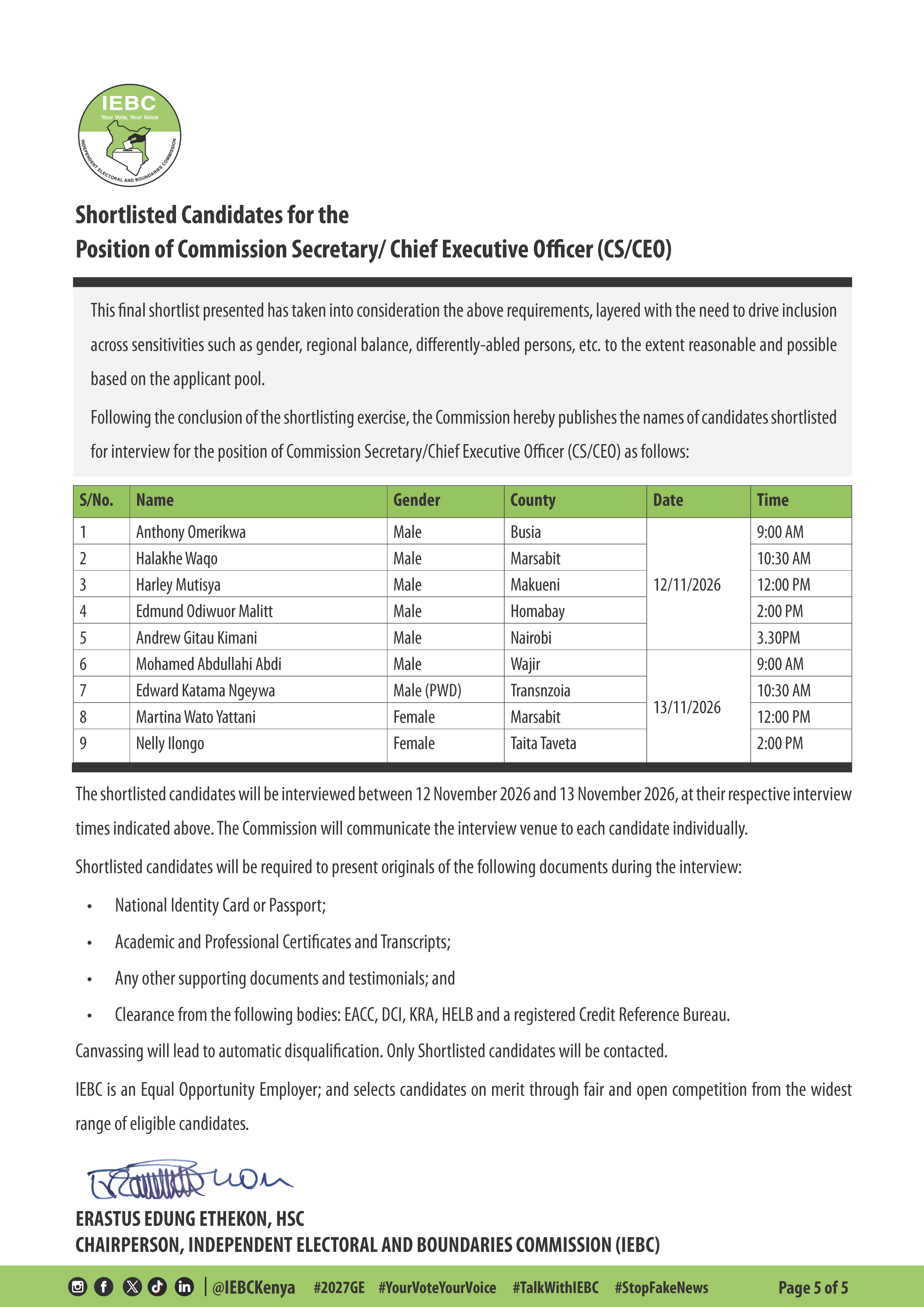 Applicants and Shortlisted Candidates for the Position of Commission Secretary-Chief Executive Officer (CS-CEO) 